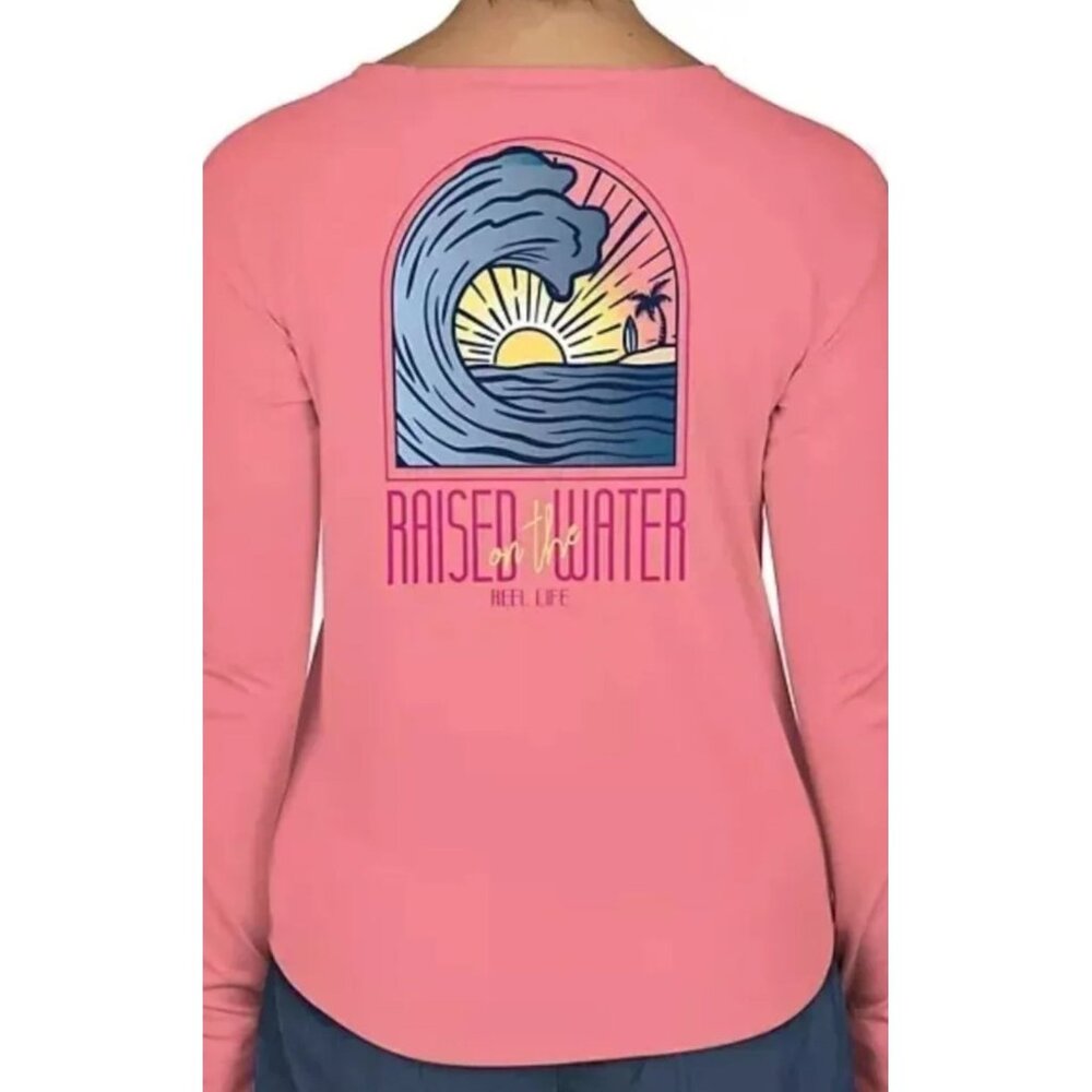 Reel Life Womens Jax Beach Long Sleeve UV Shirt "Raised By Water" M Salmon Rose - Picture 1 of 7